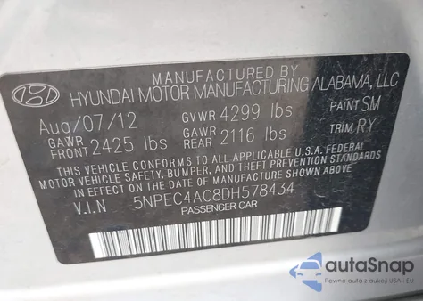 2013 Hyundai Sonata Limited z USA, uszkodzony, nr VIN 5NPEC4AC8DH578434